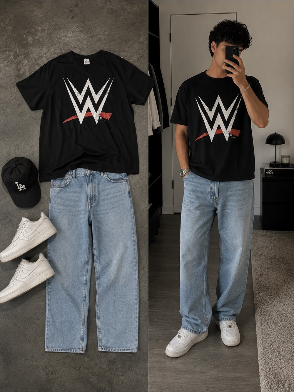 WWE Black Short-Sleeve Tee with White Logo and Red Accent